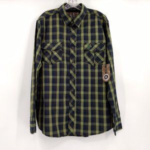 REALTREE Shirt Men's L Green Blue Plaid‎ Snap Long Sleeve Flap Pockets Logo NWOT